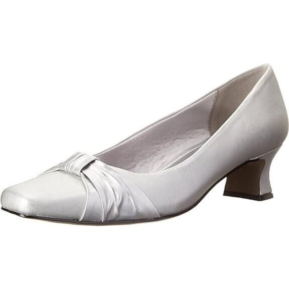Easy Street Silver Satin Low Flare Heel Dress Pump with Bow